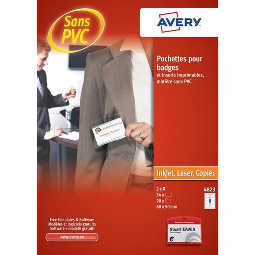 Avery Lot De 20 Pochettes En Plastique Pour Badge. 60x90mm