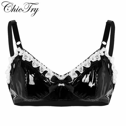 Soutien-Gorge En Faux Cuir Pour Hommes, Noir, Bretelles Spaghetti, Lingerie, Motif Floral, Avec N¿Ud Papillon, Look Mouillé, Haut Pour Vêtements De Nuit