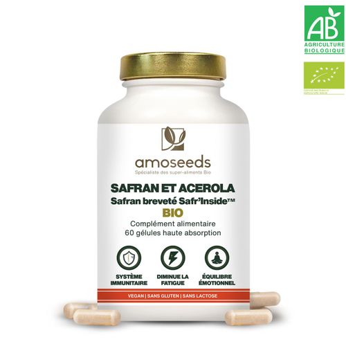 Gélules De Safran Et Acérola Bio - 60 Gélules De 403mg - SafrInside, 17% Vitamine C - Qualité Supérieure - Amoseeds 