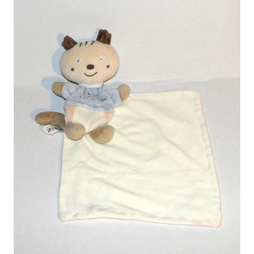 Doudou Renne Bleu Cajou Sucre D Orge - Peluche Bébé Mouchoir Crême