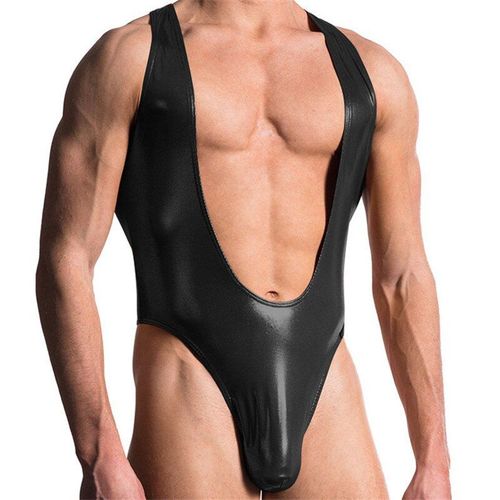 Justaucorps Sexy Sans Manches Pour Hommes, Combinaison De Lutte, Sous-Vêtements, Combinaison En Cuir Noir