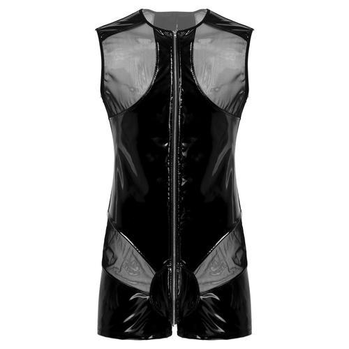 Hommes Sexy Clubwear Lingerie Transparent Fermeture Éclair Body Look Humide En Cuir Verni Maille Patchwork Col Rond Bugle Pochette Combinaison