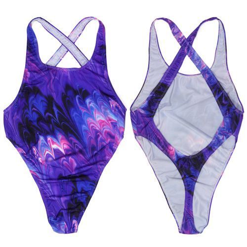 Body String Pour Hommes, Justaucorps, Taille Haute, Dos Croisé, Tissu Imprimé, Violet, Flamme, Floral, Contour Doré, G7284