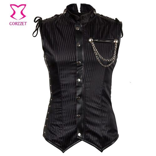 Gilet Sans Manches À Rayures Noires Pour Hommes, Gilet En Cuir, En Acier Inoxydable, Veste Steampunk, Corset Gothique