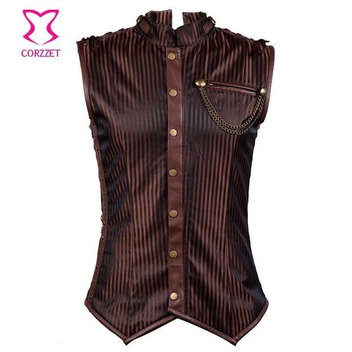 Gilet Sans Manches À Rayures Noires Pour Hommes, Gilet En Cuir, En Acier Inoxydable, Veste Steampunk, Corset Gothique