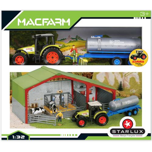 Starlux Coffret Agriculture Macfarm - Tracteur Claas Avec Remorque + Literie Vache Hangar Fermier Trayeuse 6420 / 802165 Jeu Reproduction Figurine Enfant Kids