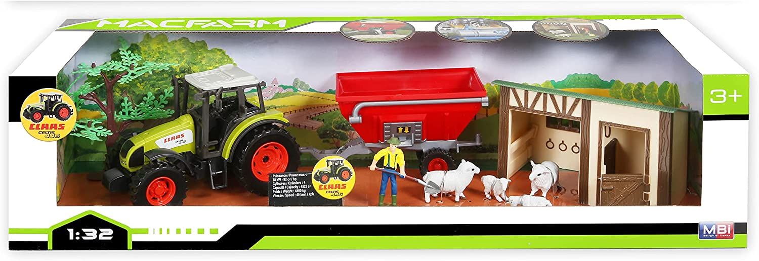 Jouet Enfants Ferme Set Tierstall Claas Tracteur Remorque Animaux