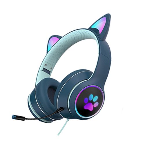 HHILABEE Casque filaire oreille de chat avec micro RGB LED Light Sound Stéréo Casque de jeu 7.1 canaux pour poignées de jeu Réduction du bruit PC Pilotes 40mm Bleu foncé