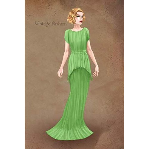 Vintage Fashion: Writing Notebook, Diary, 1930 Green Dress Fashion Illustration, Art Deco Style Journal With Lined Pages