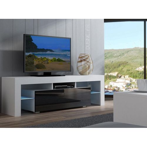 Meuble Tv Spider À Led En Blanc Mat Avec Porte Noir Laqué 160 Cm