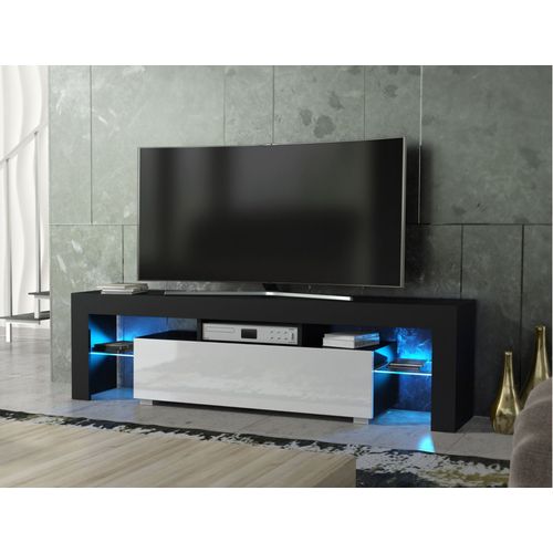 Meuble Tv Spider À Led En Noir Mat Avec Porte Blanc Laqué 160 Cm