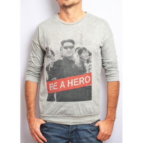 T-Shirt Manches 3/4 Mi Longues Imprime Kim Jong Un - Be A Hero - Couleur Gris Chiné - Gl Boutik