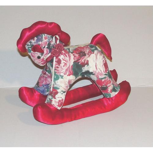 Peluche Cheval A Bascule En Tissus Rouge Vintage - Doudou Cheval Decoré De Fleurs Roses