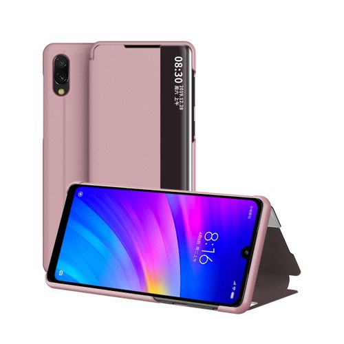 Coque Xiaomi Redmi 7,Etui Pour Téléphone Xiaomi Redmi 7 Avec Fenêtre Intelligente Et Fonction Veille/Réveil Automatique De L'écran,Housse De Protection Antichoc En Cuir Pu,Rose