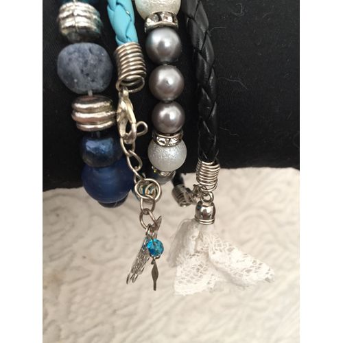Bracelet 4 Rangs Turquoise Noir Blanc Argenté