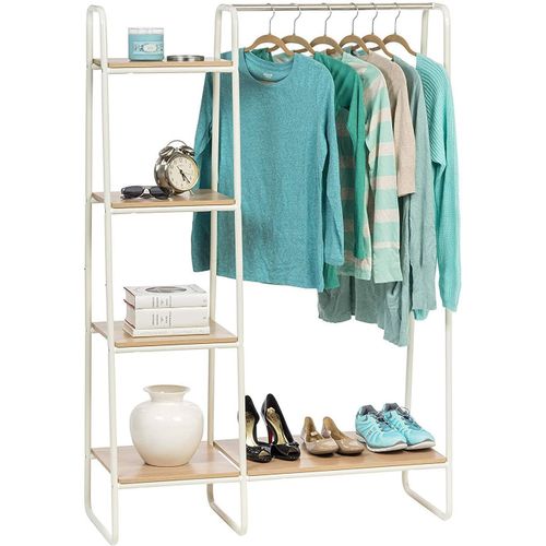 Iris Ohyama - Portant Penderie À Vêtements / Porte-Manteaux Avec Étagères Latérales En Bois Mdf Et Métal - Garment Rack Pi-B3 - Chêne Clair Et Blanc, 101.1 X 40 X 150 Cm