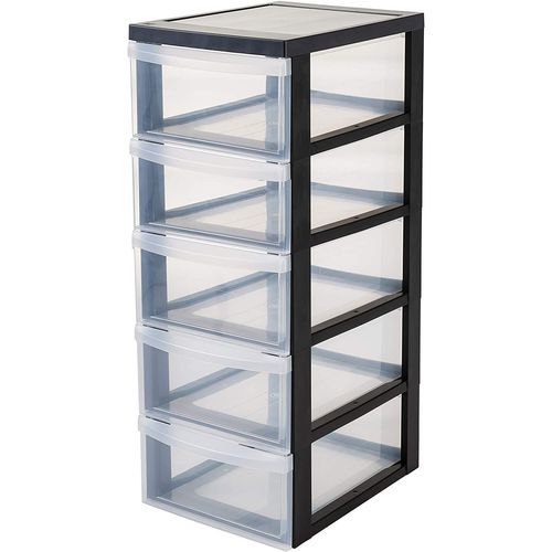 Iris Ohyama, 103453 Armoire De Rangement Sur Roulettes À 5 Tiroirs - Design Chest - Dc-005, Plastique, Noir/Transparent, 55 L, 40 X 29 X 76 Cm