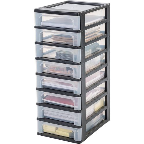 Iris Ohyama, Tour De Rangement 8 Tiroirs - Organizer Chest - Och-2080 Plastique, Noir/Transparent/32l, 26 X 35, 5 X 65, 5 Cm