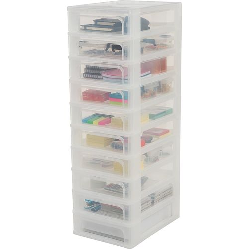Iris Ohyama, Tour De Rangement 10 Tiroirs - Organizer Chest - Och-2100, Plastique, Blanc Givré/Transparent, 40 L, 26 X 35,5 X 81,5 Cm