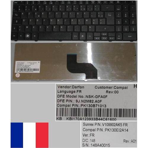 Clavier Français Noir FR pour Acer eMachines E525 NSK-GFB0F PK130EI1B17 9Z.N2M82.B0F KB.I170A.267