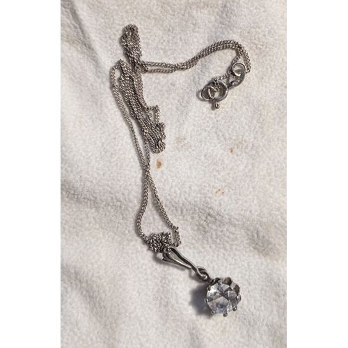 Pendentif Zirconium Dans Griffe Argent + Chaîne Argent Vintage