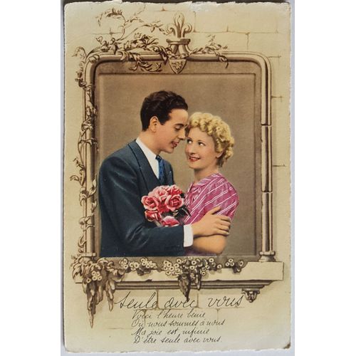 Carte Postale Ancienne, France, Voeux, Couple, Bouquet De Roses," Seule Avec Vous"