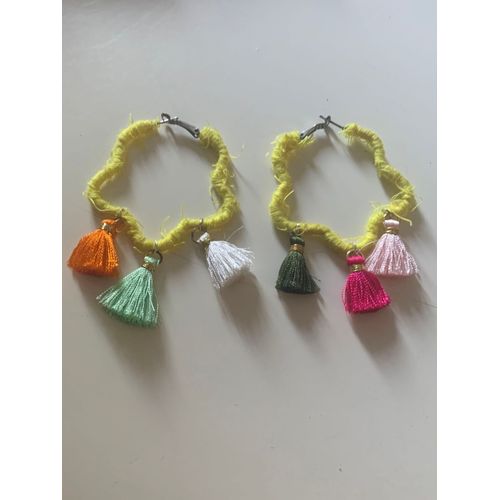 Boucles Oreilles Créoles Jaune 7cm/Pompons Multicolores / Ligne Playa 