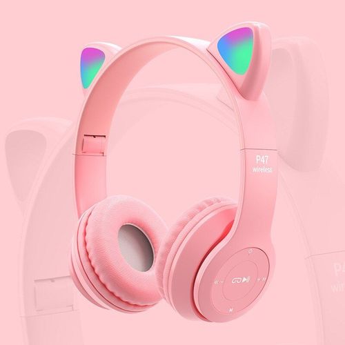 Casque de jeu sans fil Bluetooth, oreille de chat rose, avec micro, canal de réduction du bruit, lumière LED