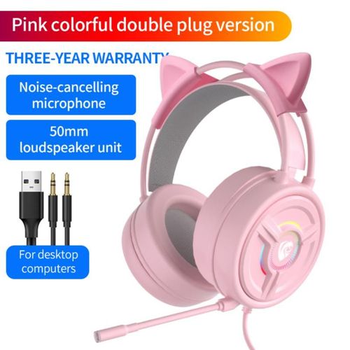 Casque de jeu à oreilles de chat rose pour fille, 1 pièce, avec micro LED, réduction du bruit, filaire