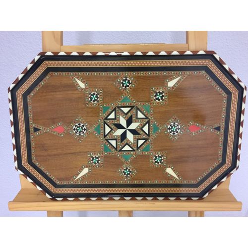 Ancien Plateau Service De Table Bois Marqueterie Décor Geometrique Artisanal