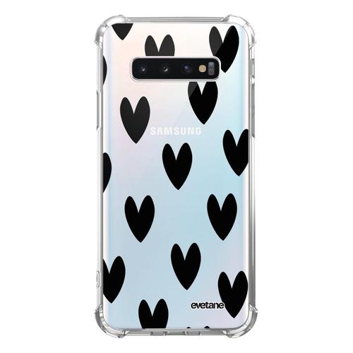 Coque Samsung Galaxy S10 Anti-Choc Souple Angles Renforcés Transparente Coeurs Noirs Evetane.