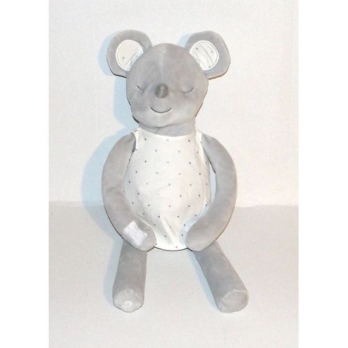 Doudou Souris Obaibi Robe Tissus Blanche A Pois - Peluche Souris Grise Okaidi 37 Cm