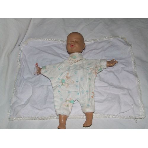 Poupée Poupon Couverture Doudou Carré Plat Peluche Ancien Vintage Imprimé Biberon Bleu Vert Orange