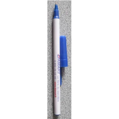 Stylo À Bille Simple - Corps En Plastique Blanc Et Capuchon Bleu - Écriture Bleue - Avec Mention Publicitaire De Damart - Pour Collection Plus Que Pour LÉcriture