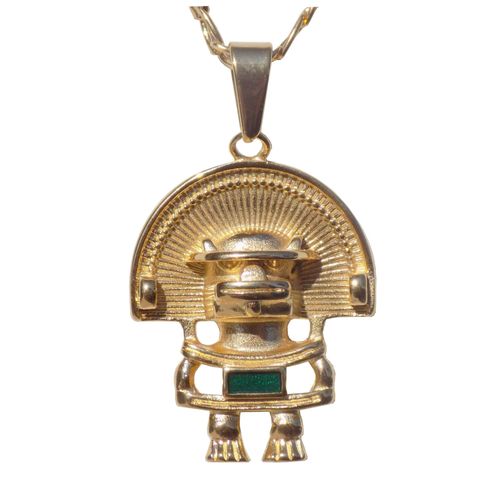 Merveilleux Pendentif Personnage Anthropomorphe Tairona Coiffé D'un Diadème Et Au Plastron Émeraude. Musée De L'or De Bogota.