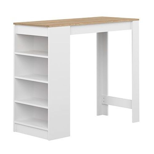 Table De Bar Avec Rangements Piètement Blanc Et Plateau Naturel