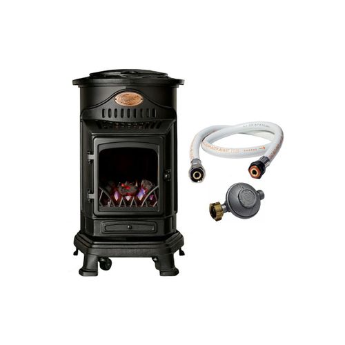 Poêle à gaz Provence 3,4 KW Noir mat Effet poêle à bois chauffage appoint Fonte veritable Tuyau gaz 1.5 m + detendeur butane