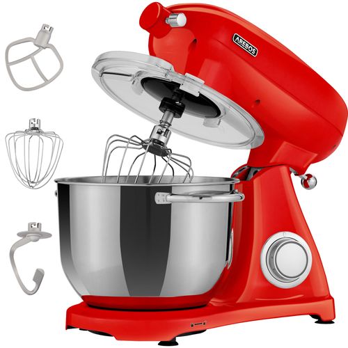 AREBOS Robot Pâtissier Professionnel 1800W Retro | Rouge | Faible Bruit | Robot de Cuisine Multifonction avec Fouet, Batteur, Crochet | Bol d'Acier Inoxydable 6 Litres | 6 Vitesses