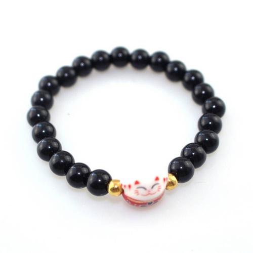 Bracelet Maneki Neko (&#25307&#12365&#29483) Porte Bonheur Perles Naturelles (18 Cm Extensilbe Pour Passage Poignet)