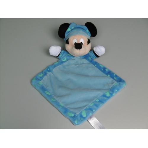 Doudou Mickey Plat Bleu Luminescent Lune Étoile Nuage Vert Disney Nicotoy