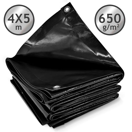 Jago® Bâche de Protection - 4x5m, Imperméable, Polyester Revêtu de PVC 650 g/m², Noir - Couverture pour Véhicules, Meubles de Jardin