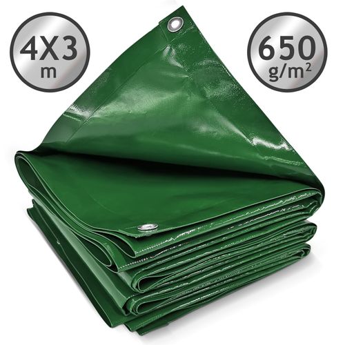 Jago® Bâche de Protection - 4x3m, Imperméable, Polyester Revêtu de PVC 650 g/m², Vert - Couverture pour Véhicules, Meubles de Jardin