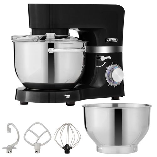 AREBOS Robot Pâtissier Professionnel 1500W | Noir | Robot de Cuisine Multifonction avec Fouet, Batteur, Crochet | Avec 2 Bols d'Acier Inoxydable | 6 Vitesses | Fonction Pulse