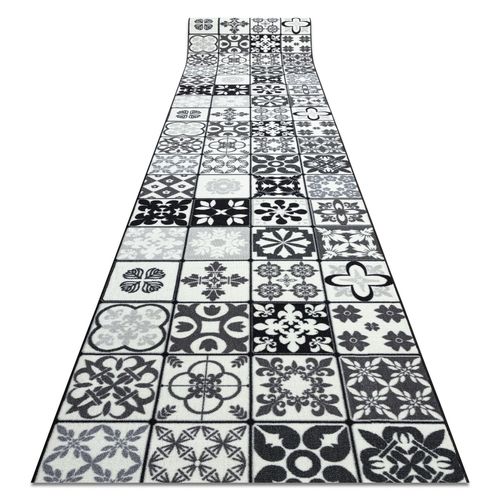 80x400 Cm Tapis De Couloir Antidérapant Azulejo Patchwork, Carreaux De Lisbonne Gris / Noir