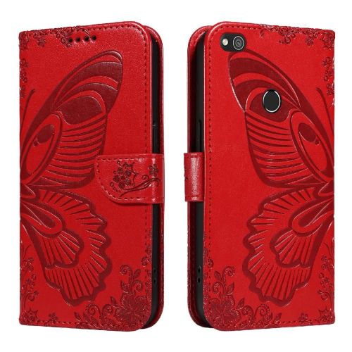 Flip Étui Pour Honor 8 Lite Sangle De Main Détachable Papillon En Relief Avec Fente Pour Carte De Crédit Cuir De Haute Qualité - Rouge