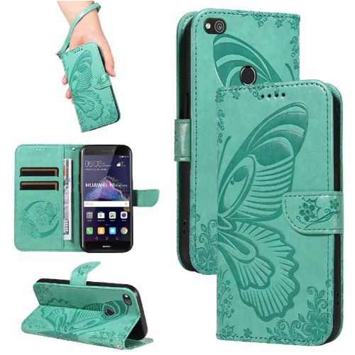 Flip Étui Pour Honor 8 Lite Sangle De Main Détachable Papillon En Relief Avec Fente Pour Carte De Crédit Cuir De Haute Qualité - Vert