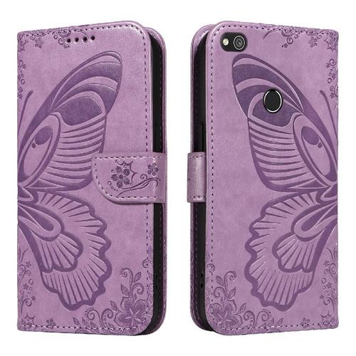 Flip Étui Pour Honor 8 Lite Sangle De Main Détachable Papillon En Relief Avec Fente Pour Carte De Crédit Cuir De Haute Qualité - Violet