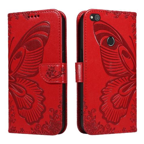 Flip Étui Pour Huawei P8 Lite Sangle De Main Détachable Cuir De Haute Qualité Papillon En Relief Avec Fente Pour Carte De Crédit - Rouge