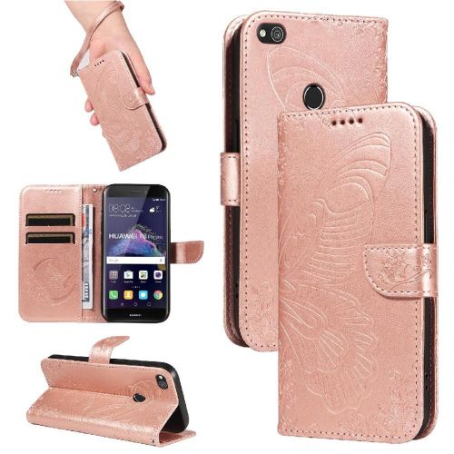 Flip Étui Pour Honor 8 Lite Sangle De Main Détachable Papillon En Relief Avec Fente Pour Carte De Crédit Cuir De Haute Qualité - Couleur Rose