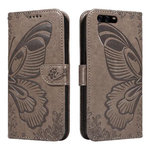 Flip Étui Pour Huawei P10 Papillon En Relief Avec Fente Pour Carte De Crédit Cuir De Haute Qualité Sangle De Main Détachable - Gris